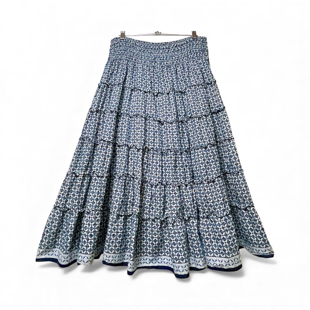 Like New Vintage Cotton smoked waistband tiered midi maxi Skirt X-Large white